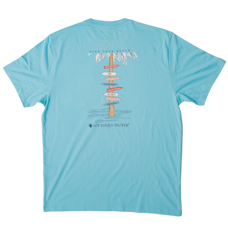 A Beach Signs SS Tee - Canal Blue with a printed logo of a palm tree and surfboard.