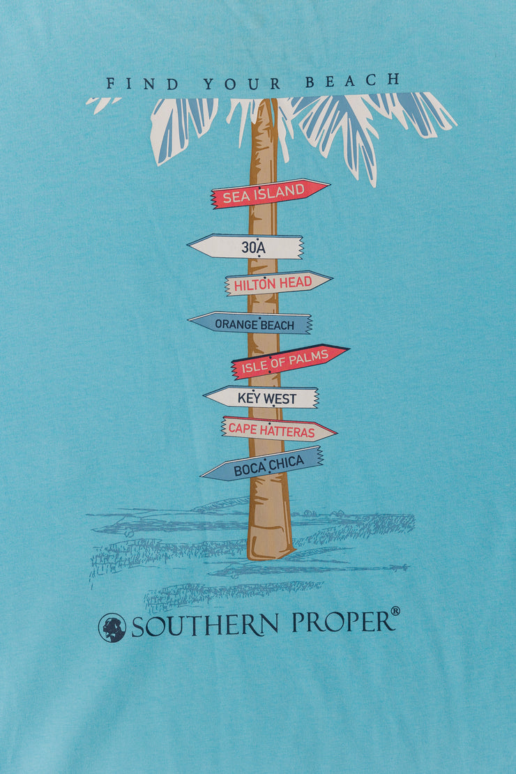 An eye-catching Beach Signs SS Tee - Canal Blue with a printed logo that proudly displays the phrase "find your beach".