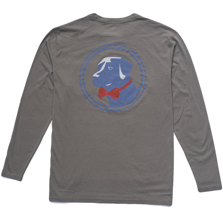 A gray long-sleeve t-shirt with the Original Logo Red LS Tee.