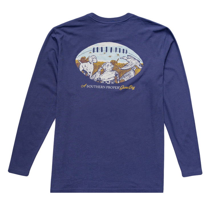A crew neck Proper Gameday Long Sleeve Tee with a printed image of a cowboy and a horse.