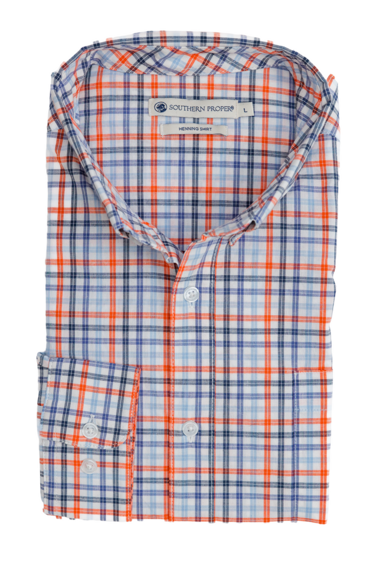 A blue and orange Henning Shirt: Perrier.