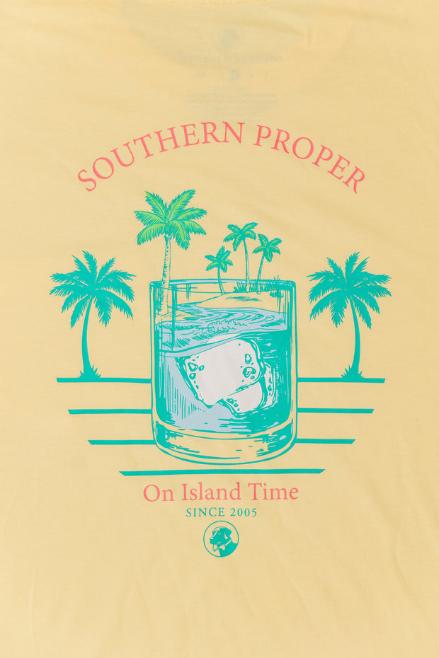 A printed logo Island Time SS Tee made with Peruvian fabric, perfect for those on island time.