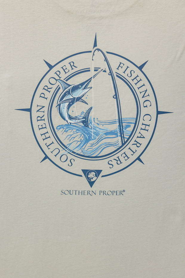 A Southern Proper SP Fishing Charter SS Tee with a printed logo that says southern pacific fishing champions.