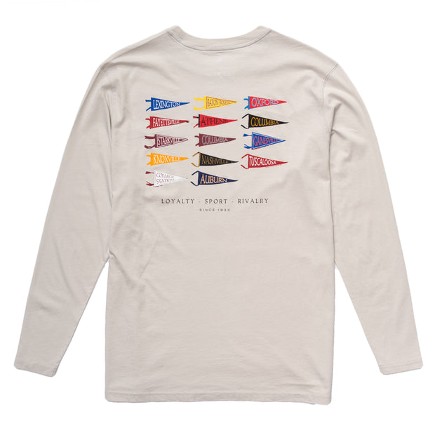 Since 1933 Pennants long sleeve tee made with Peruvian Cotton. Comfortable and versatile, this crew neck tee features a printed front pocket for added style.