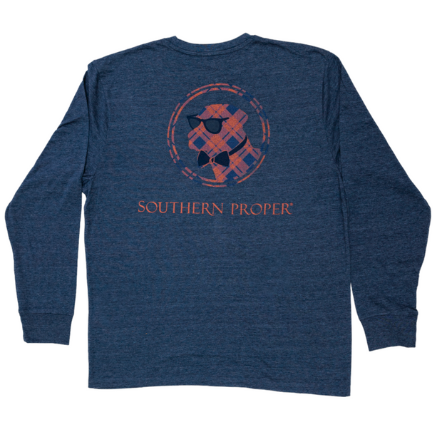 A Retro Plaid Dog LS Tee with the words "Southern Prodigy" printed on the front pocket.