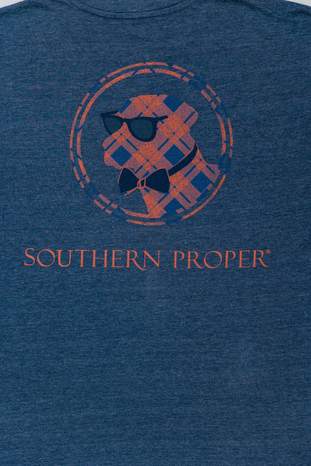 A Retro Plaid Dog LS Tee with the words Southern Proper printed on the front pocket.
