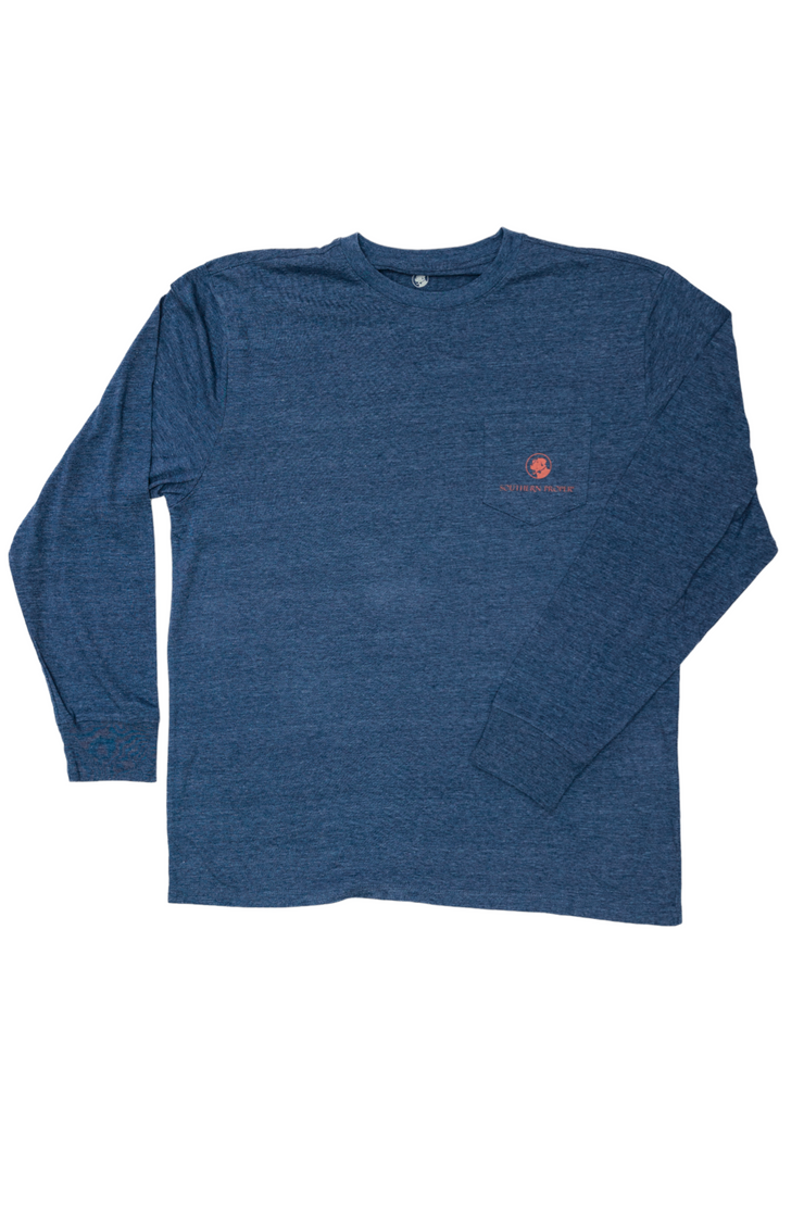A Retro Plaid Dog LS Tee with an orange logo by Southern Proper.