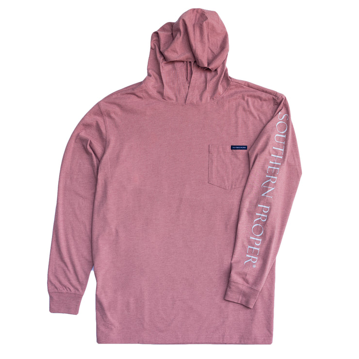A Printed Southern Proper Hoodie Tee: Muscadine with a logo on it.
