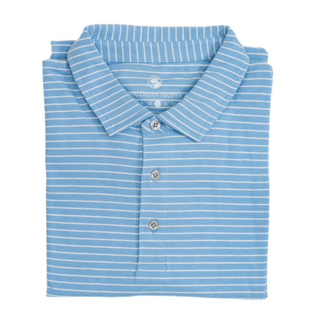 The Perdido Stripe Polo is a men's blue and white stripe cotton polo shirt perfect for the golf game.