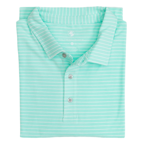 The Perdido Stripe polo shirt in mint, perfect for a golf game. Made with comfortable cotton fabric.