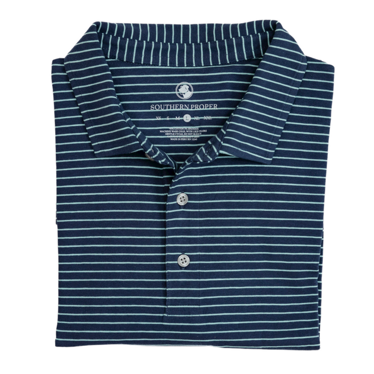 The Perdido Stripe polo is a men's navy and white striped polo shirt, perfect for a golf game.