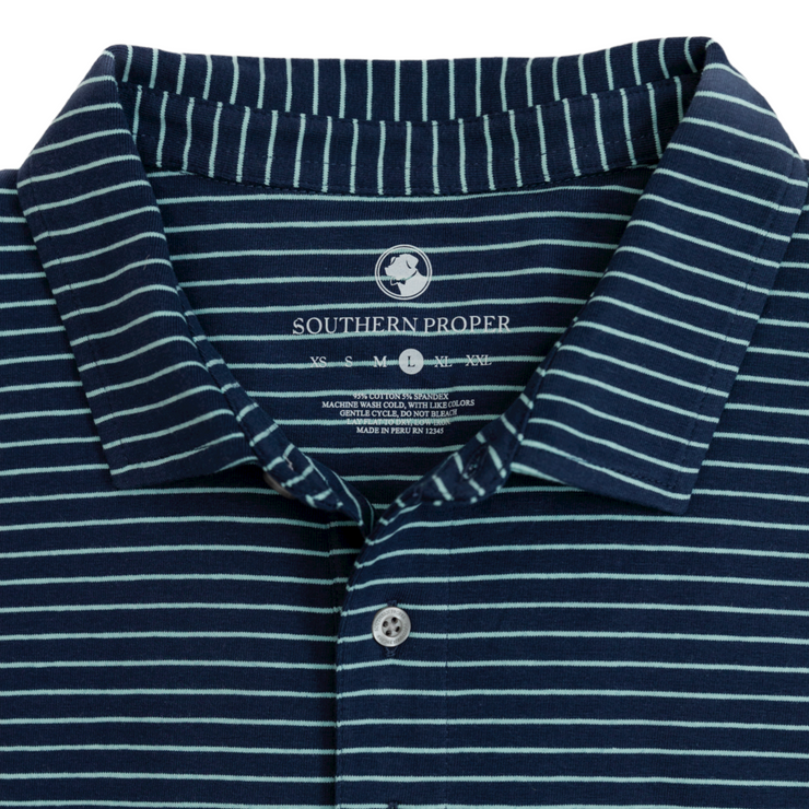 The Perdido Stripe polo is a stylish men's Perdido Stripe Polo shirt in navy and white stripes. Made from comfortable cotton, it is perfect for a golf game or any casual occasion.