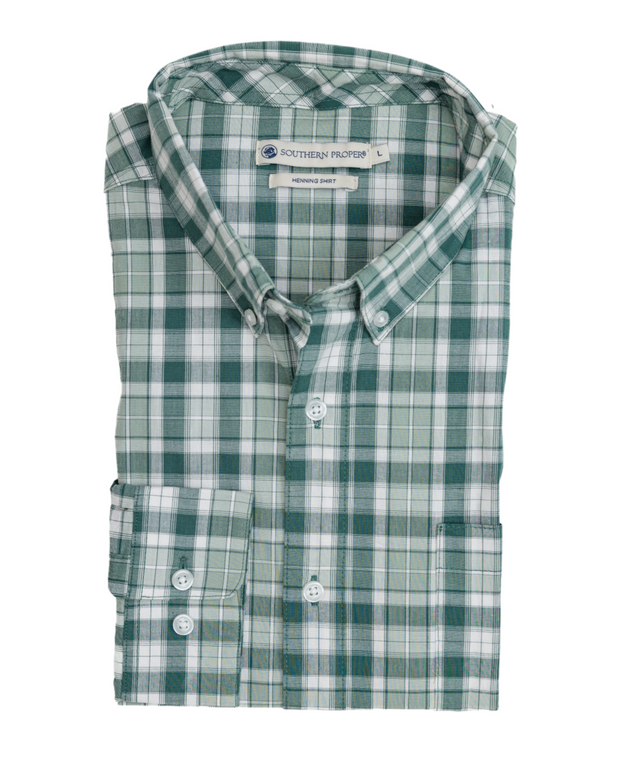 A green and white Henning Shirt: Decatur woven plaid shirt on a white background.