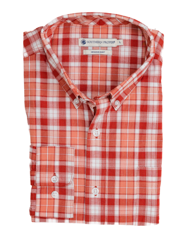 The Henning shirt: Decatur is a stylish pattern dress shirt featuring a red and white plaid design. Perfect for any occasion, this shirt stands out against a clean white background.
