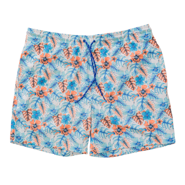 A Key West Swim: Wake Blue men's swim trunks with a blue and orange floral print, perfect for spring.