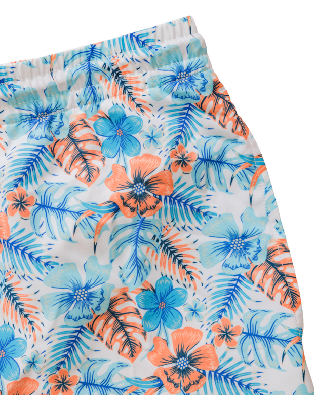 A vibrant tropical print Key West Swim: Wake Blue swim trunks perfect for Spring.