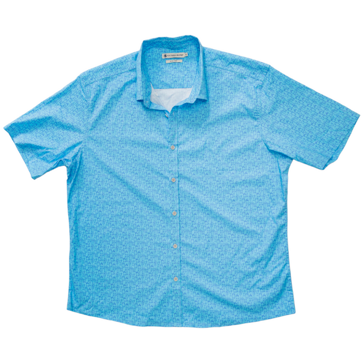 Men's tailored fit short sleeve blue shirt with Southern Proper embroidered tag: Cocktail Shirt: Cocktails with Southern Proper embroidered tag.