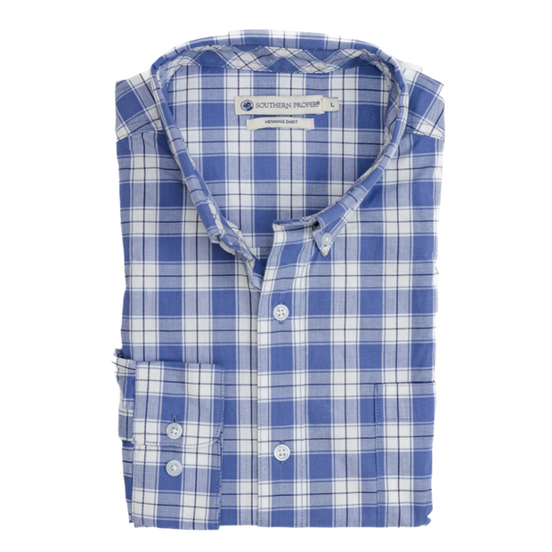 A Henning Shirt: Oak woven dress shirt in a folded blue and white plaid pattern.