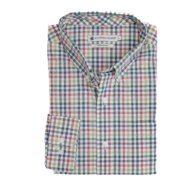 An uptown New Orleans men's Henning Shirt: Perrier with a multi-colored checkered pattern.
