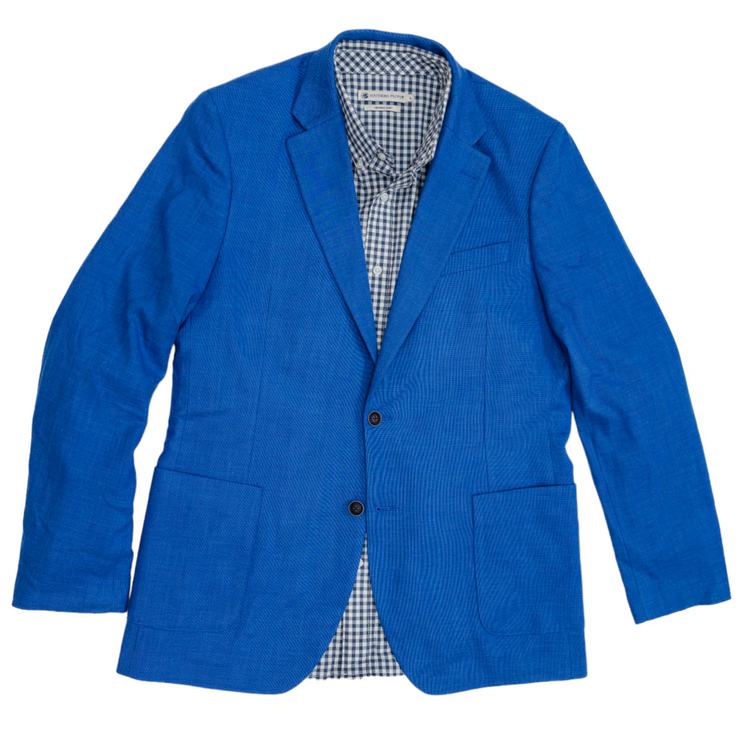 A classic unlined Lafayette gentleman's jacket in a structure weave fabric, showcasing a blue blazer against a white background.