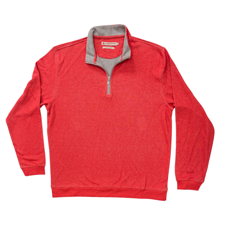 A men's red sweater with a grey zipper, also known as a Canal Quarter Zip.