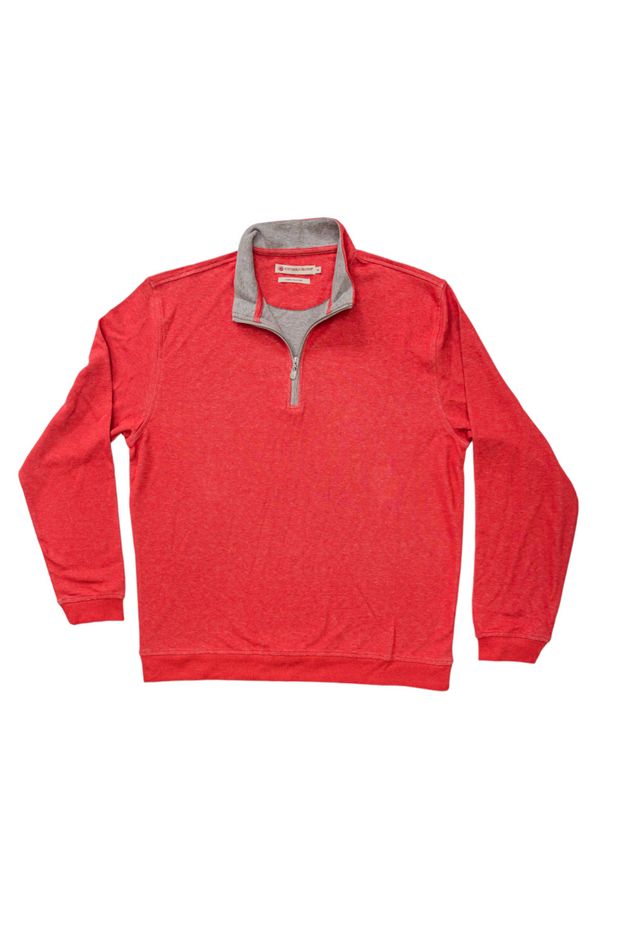 The Canal Quarter Zip is a stylish men's sweater in vibrant red, featuring a trendy grey collar.