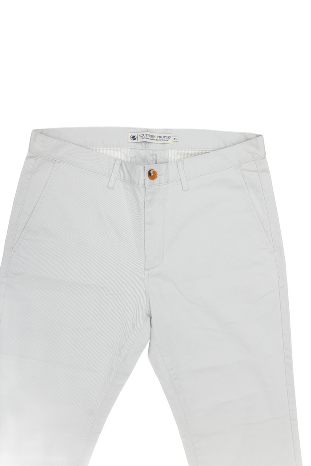 A pair of Needle Creek Five Pocket Pant in classic straight leg grey chino on a white background.