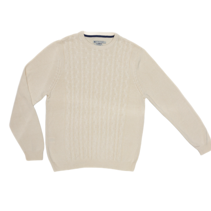 A white SoPro Cable Sweater with a blue trim and embroidered SP logo.