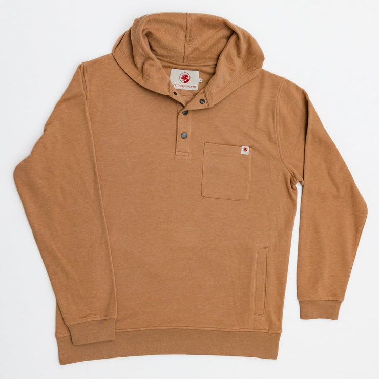 The [Product Name] is a relaxed fit, tan hooded sweatshirt with a convenient pocket.