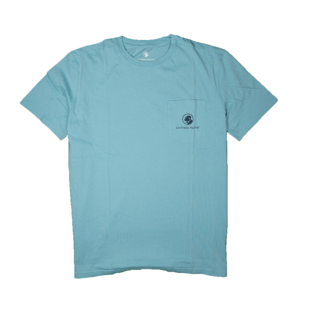 A Southern Proper heathered blue River Dog short sleeve tee with a pocket on the front.