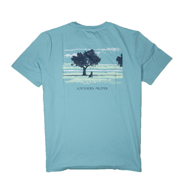 A Heathered Short Sleeve Tee: River Dog with an image of a tree.