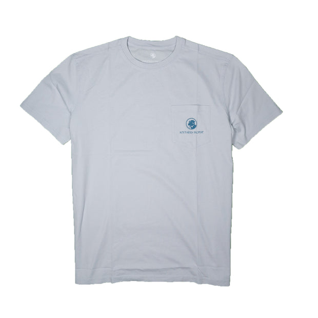 A white tee with a blue Southern Proper logo on the Short Sleeve Tee: Go a Little Overboard.
