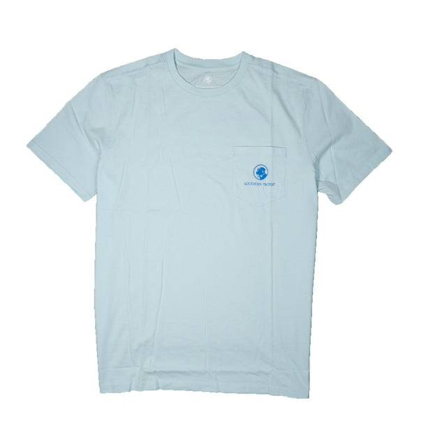 A light blue Proper Dolphin SS Tee with a printed blue logo from Southern Proper.