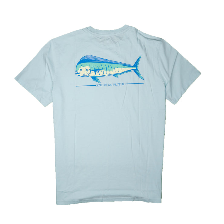 A Proper Dolphin SS Tee, a light blue short sleeve tee with a printed fish logo from Southern Proper.