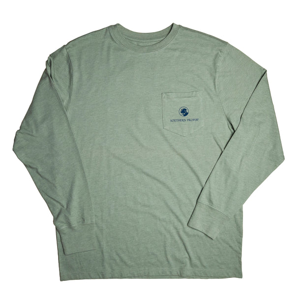 A green Day in the Field LS Tee with a blue logo and printed front pocket.