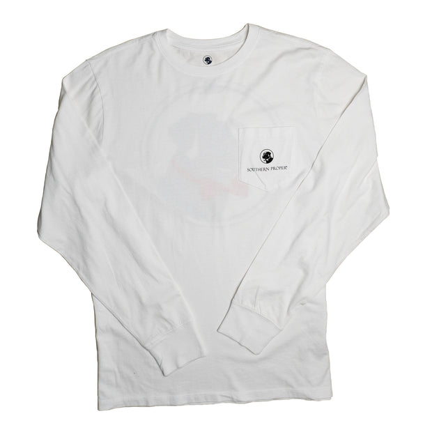 A white long-sleeve Classic Logo Texture LS Tee with the Southern Proper logo on it.
