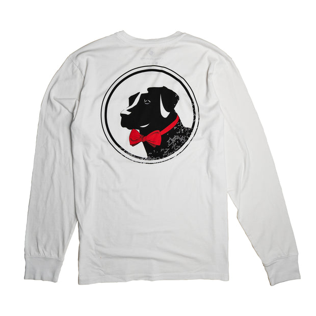 A white long-sleeve Classic Logo Texture LS Tee with a black dog on it made from Peruvian cotton blend fabric.