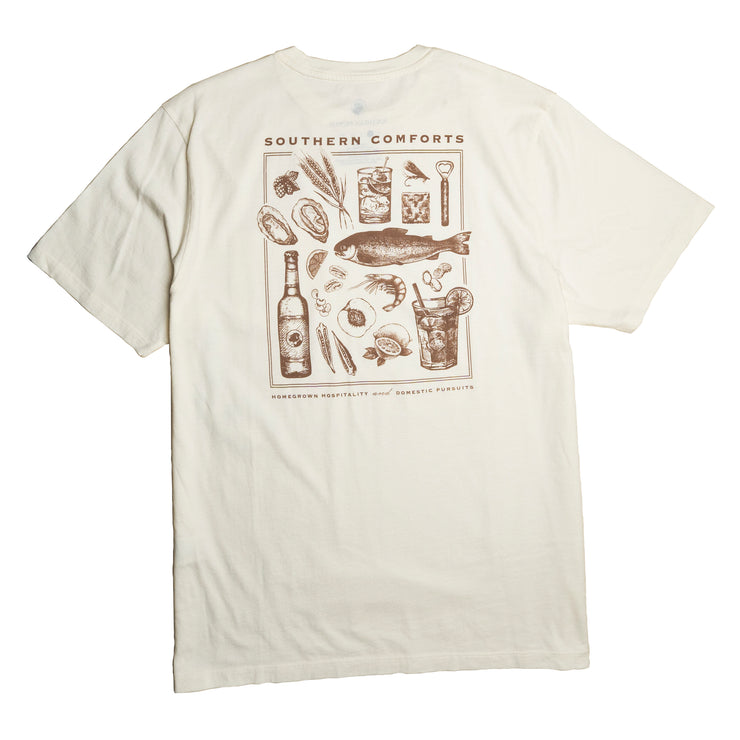A white Southern Comforts SS Tee Bone with a Printed front pocket illustration of food and drinks.