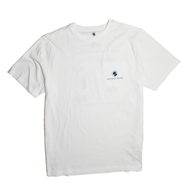 A white short sleeve tee with a blue printed logo, The Tailgate SS Tee, by Southern Proper.
