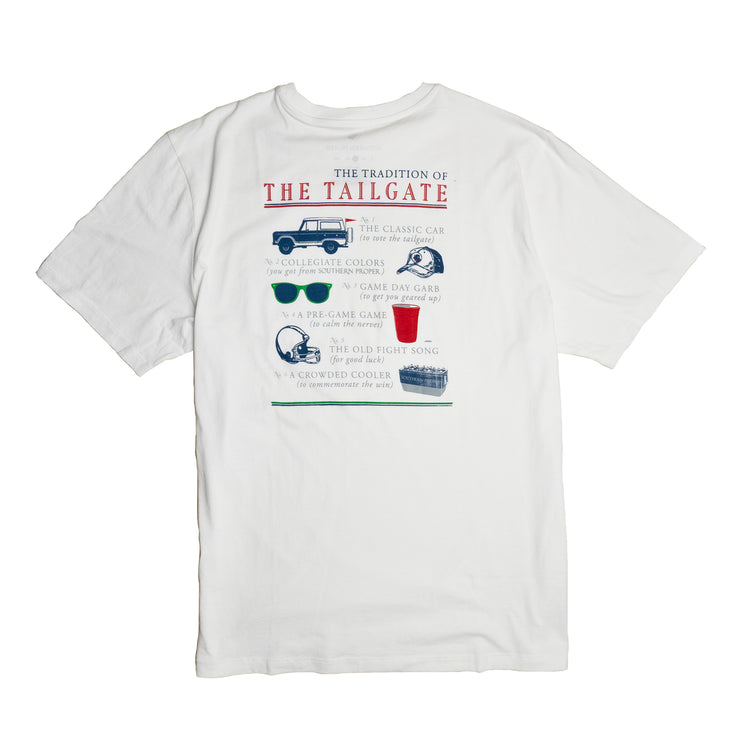 The white Tailgate SS Tee by Southern Proper features a printed logo on the front.