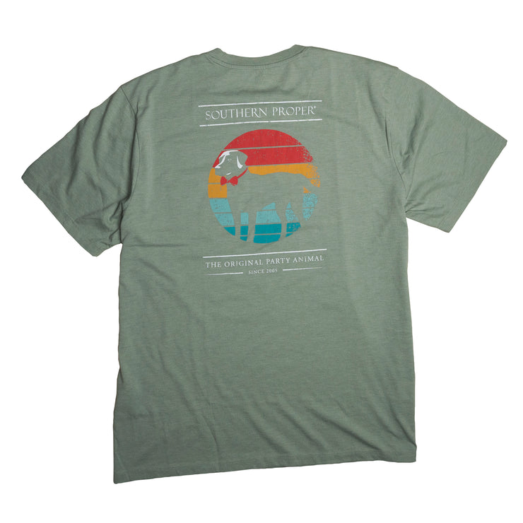 A Retro Dog SS Tee with an image of a cow and a rainbow.