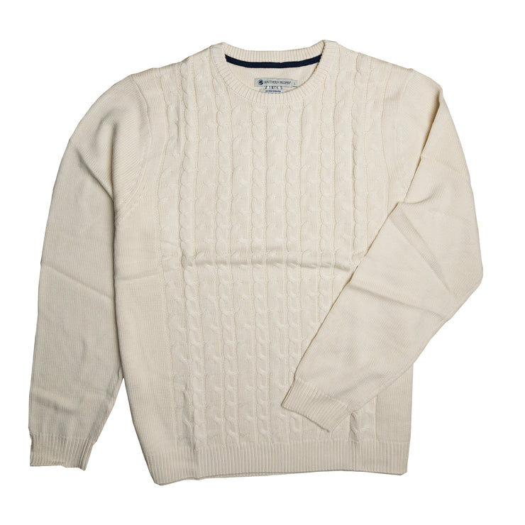 A white SoPro Cable Sweater, perfect for dressing up, on a white background.