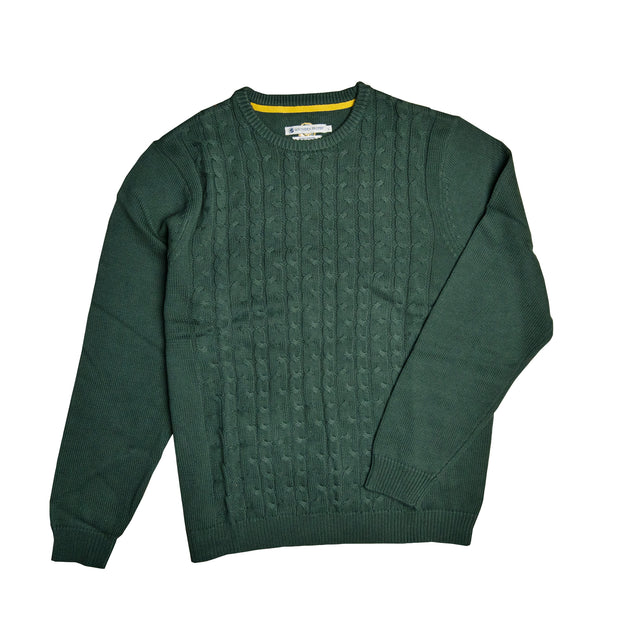A wool SoPro Cable Sweater with an embroidered SP logo, perfect for dressing up.