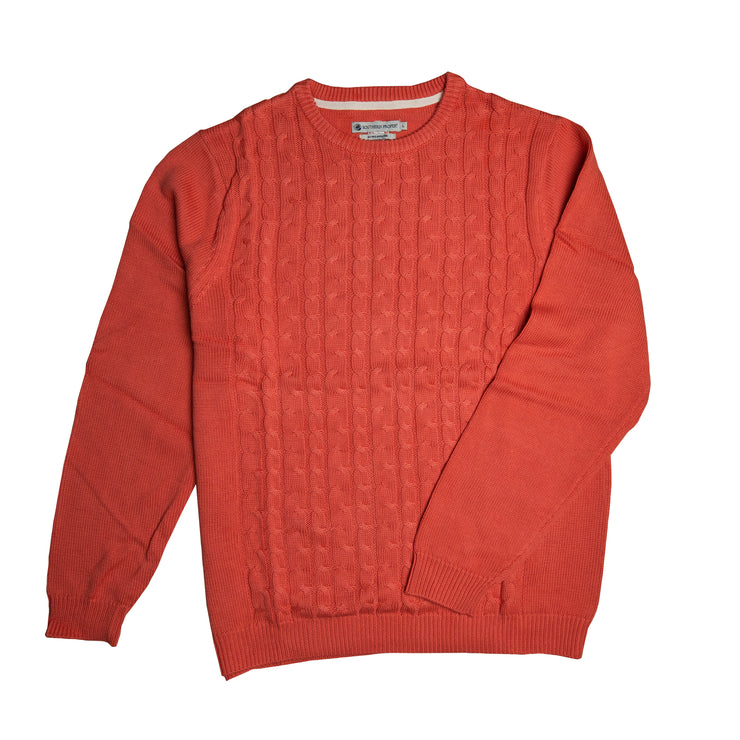 A red wool SoPro Cable Sweater with a collar and cuffs, perfect for dress up occasions.