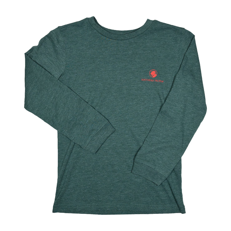 A green long-sleeved Boys - Retro Plaid Logo LS Tee made from Peruvian Cotton, featuring a red logo.