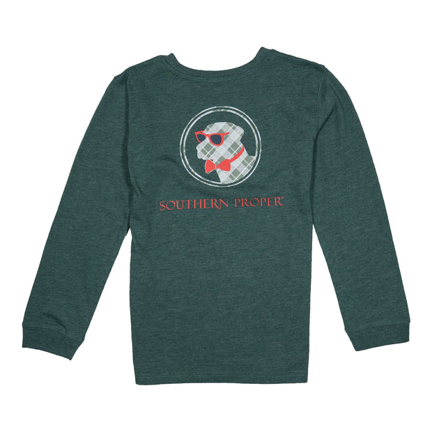 A green long-sleeve t-shirt made of Peruvian cotton with the words "Boys - Retro Plaid Logo LS Tee" on it.