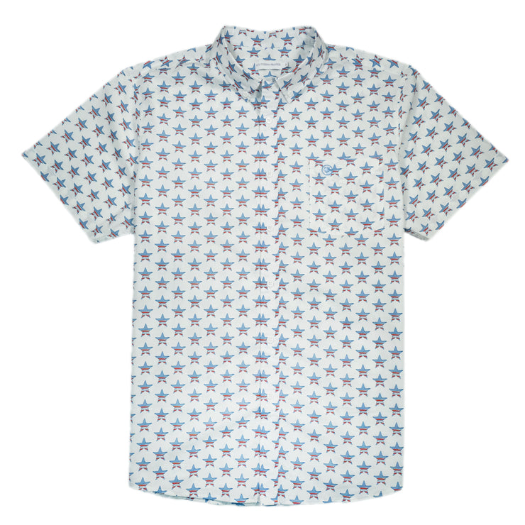 A Cocktail Shirt: Horizon Star with blue and white polka dots featuring a tailored fit.
