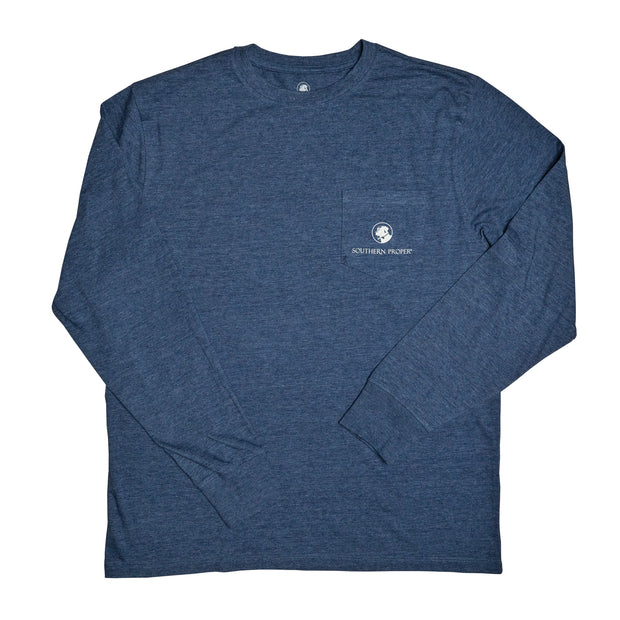 A blue long-sleeve Vintage SP LS Tee with a white logo on it, made from a Peruvian cotton blend.