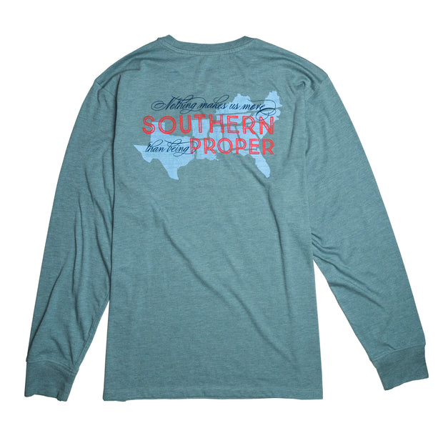 A teal More Southern LS Tee with a printed logo.