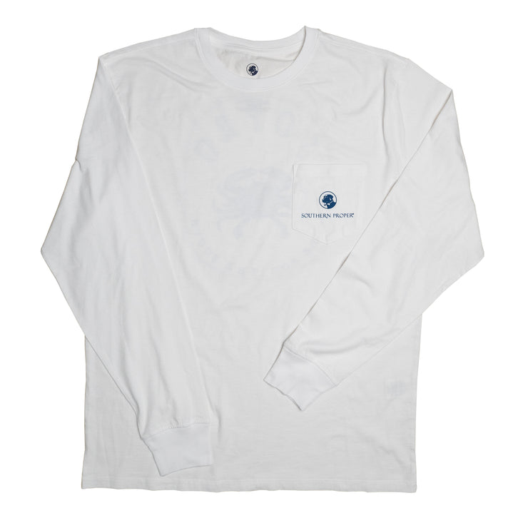 A white long-sleeve SoPro Crab LS Tee with a blue logo made of Peruvian cotton blend fabric.